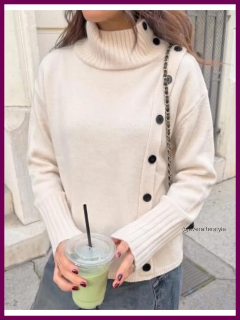 Women's Turtleneck Knit Pullover Sweater - Asymmetric Button Detail Relaxed Fit